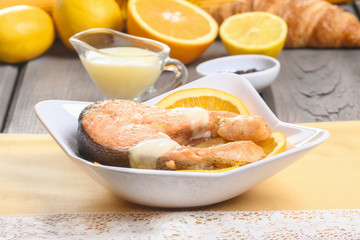 Salmon in bechamel sauce, selective focus