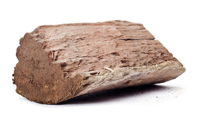 Redgum wood log on white background.
