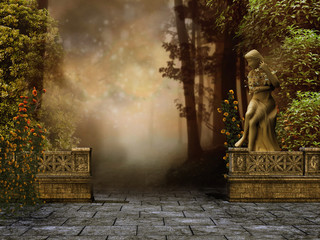 Ogród z kamiennym murem i posągiem kobiety