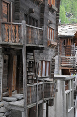 Old wooden mazot huts in Zermatt in the Swiss Alps