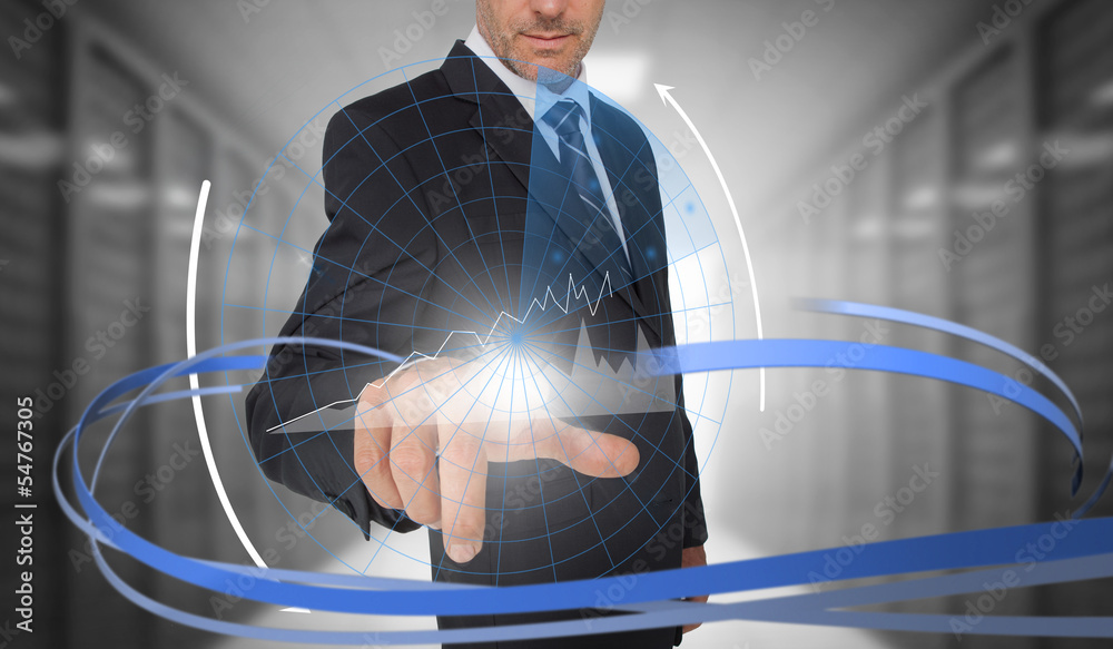 Poster Businessman touching graph on futuristic interface with swirling