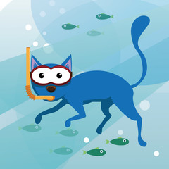 Cat Diver underwater with green fish vector illustration