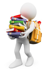 3D white people. Student carrying a stack of books - obrazy, fototapety, plakaty
