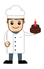Chef Presenting Birthday Cake - Cartoon Business Character