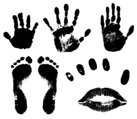 Black prints of feet, hands, fingers and lips