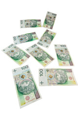 Flying polish zloty banknotes isolated on white background