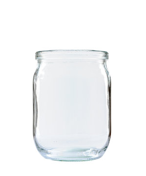 Transparent glass jar without top on white background
