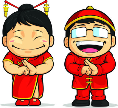 Cartoon of Chinese Boy & Girl