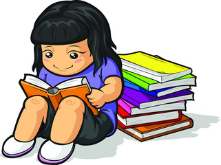 Cartoon of Girl Student Studying & Reading Book