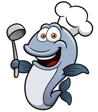 Vector illustration of Cartoon chef fish holding soup ladle