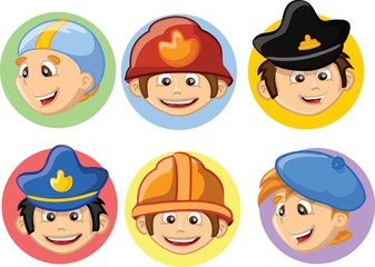 Мультяшные персонажи пловец, пожарный, летчик, инженер