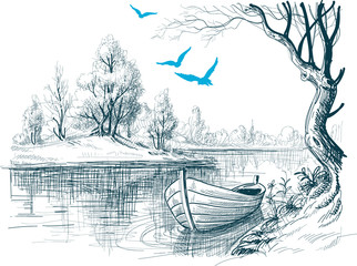 Boat on river / delta vector sketch