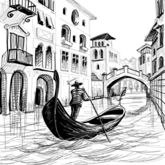 Papier Peint photo Café de rue dessiné Gondole dans le croquis de vecteur de Venise