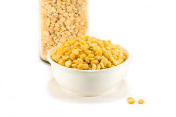 Still Life with pea groats in bowl and in a glass jar