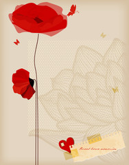Fond floral, coquelicots et carte romantique papillon, rétro st