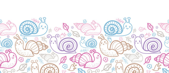 Cute smiling snails horizontal seamless pattern background with