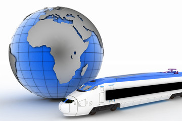 Globe and train. 3d  render  illustration
