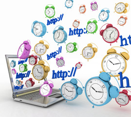 notebook and clock, taking off from his screen