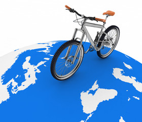Bicycle rolling on the globe. Tourism on an ecological transport