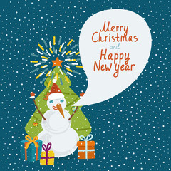 Funny snowman with speech bubble.