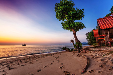 Tropical beach at sunset.