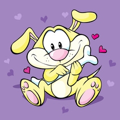 cute dog hold bone sitting on violet background with hearts