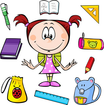illustration of a girl with school supplies