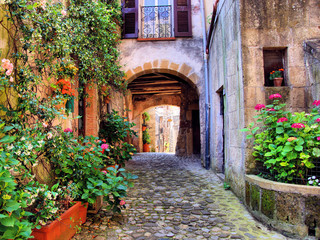 Fototapeta premium Łukowata brukowiec ulica w toskańskiej wiosce, Włochy