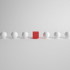 3d rendering of white balls with one red cube