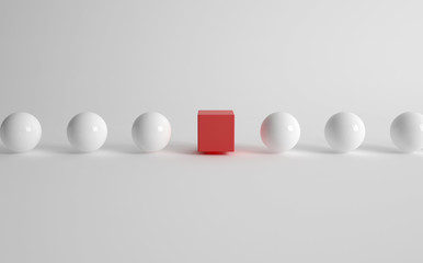 3d rendering of white balls with one red cube