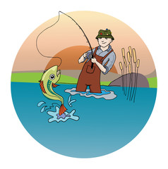 Fisherman catching a fish, vector illustration