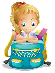 A school girl inside a schoolbag