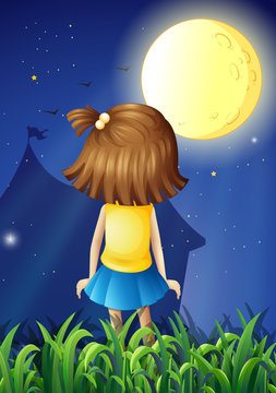 A little girl facing the bright fullmoon