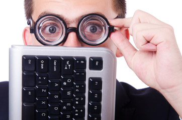 Computer geek nerd in funny concept