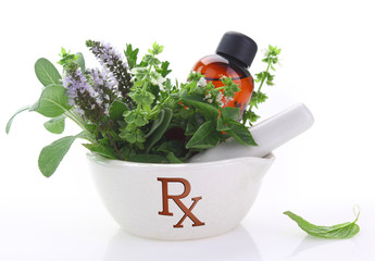 Porcelain mortar with rx symbol and fresh herbs