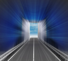 speedway through blurred blue curtain