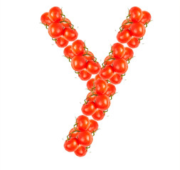 Letters of red tomatoes on white background