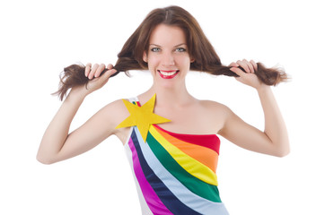 Model wearing fashionable clothing on white