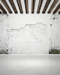 Fototapety  uszkodzony mur z cegły i betonowa podłoga