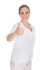 Young Woman Gesturing Thumb Up Sign