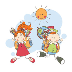 Back to school.  Happy children jumping .