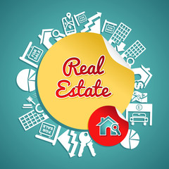 Real estate circle, vintage text house magnifying glass symbols.