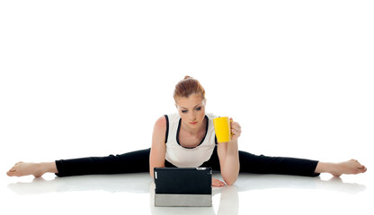 Concept of multi-tasking - Gymnast working on PC