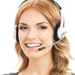 Support phone operator in headset, isolated