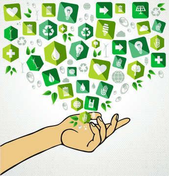 Green life human hand recycle flat icons