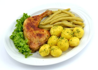 grilled chicken leg with potatoes and green beans