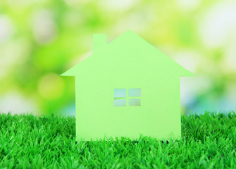 Paper house on grass on natural background