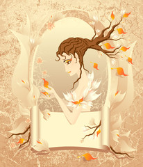 Autumn girl with a scroll on grunge background