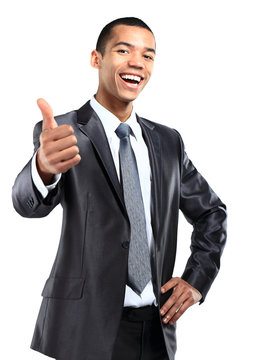 Business man with thumbs up - isolated over white background