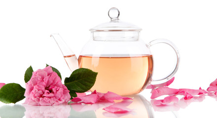 Obraz na płótnie Canvas Kettle of tea from tea rose isolated on white